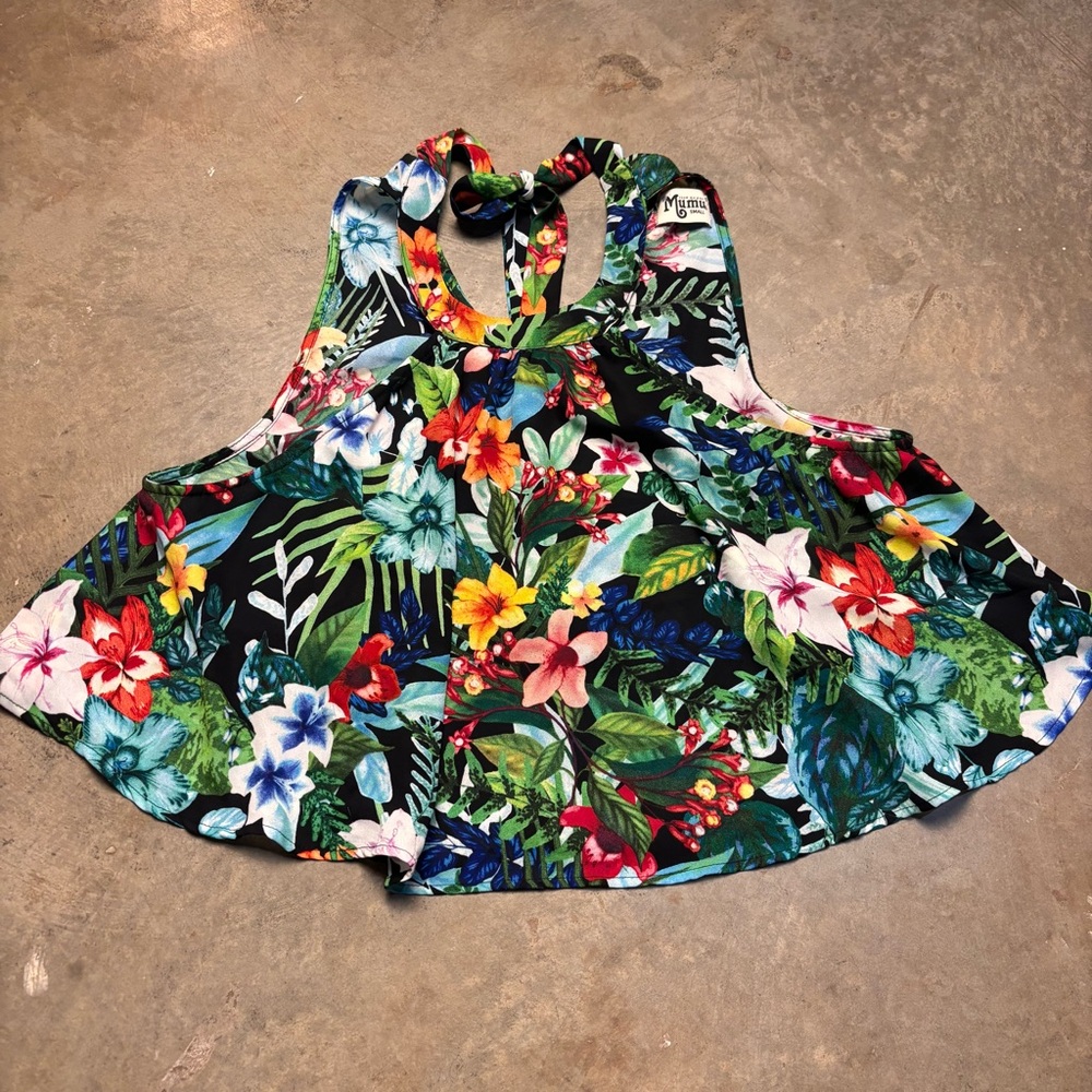 Show Me Your MuMu Green Hawaiian Floral Ruffled Crop Mini Tie Neck Top Womens Sm